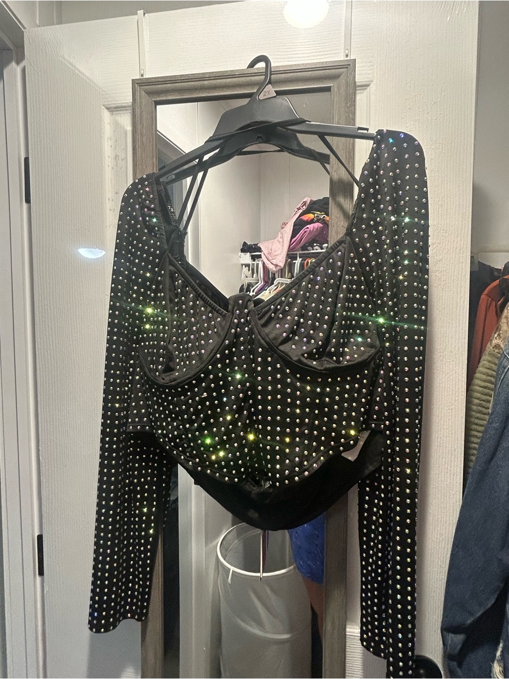 PrettyLittleThing Black Long Sleeve Rhinestone Crop Top
